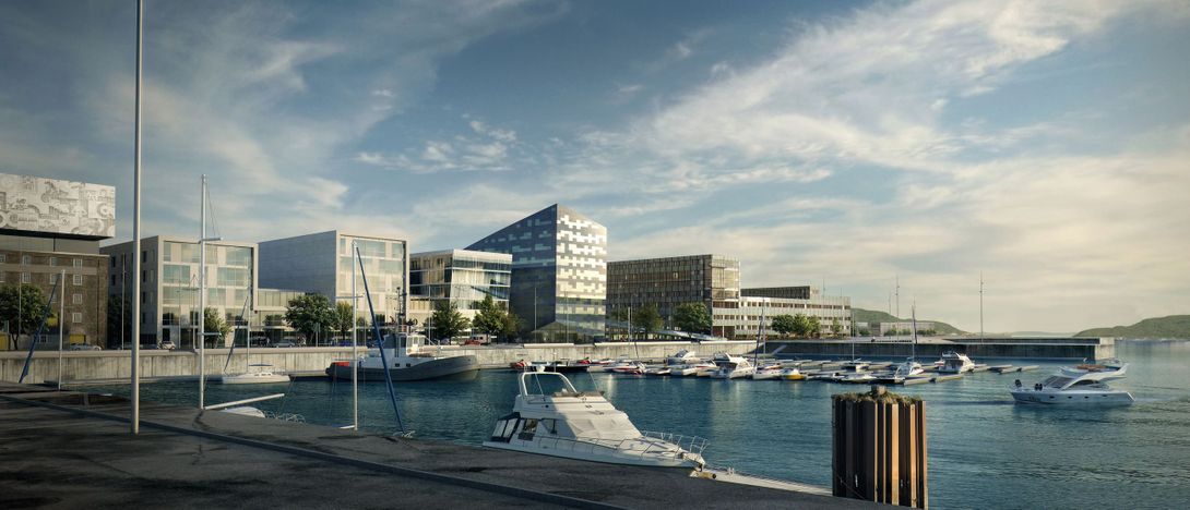 Illustrasjon av et havneområde med boligblokker og småbåthavn i pent vær